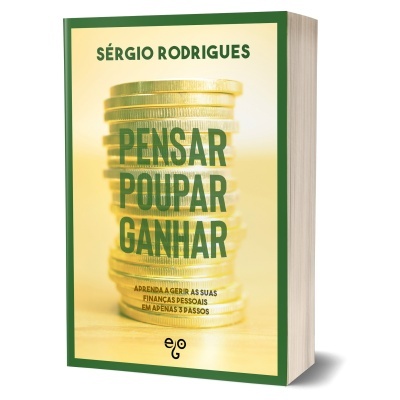 Livro Pensar Poupar Ganhar com capa amarelo e moedas douradas