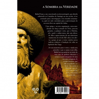 Capa do livro A SOMBRA DA VERDADE com estátua dourada e Catedral de Santiago ao fundo