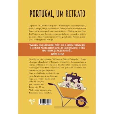 Contracapa do livro PORTUGAL, UM RETRATO com texto e ilustração de carrinho de mão com dinheiro