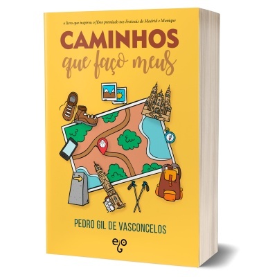 Capa do livro 'Caminhos que faço meus' com ilustrações de trilhas e turismo