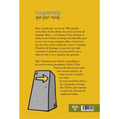Parte traseira de livro com texto amarelo e desenho de pedra com seta.