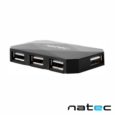 Hub USB preto Natec com quatro portas e logotipo no topo