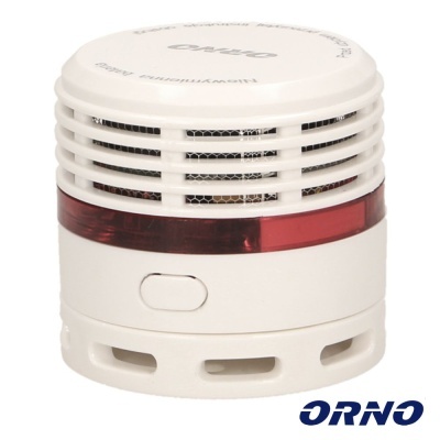 Detector de fumo branco com faixa vermelha e botão