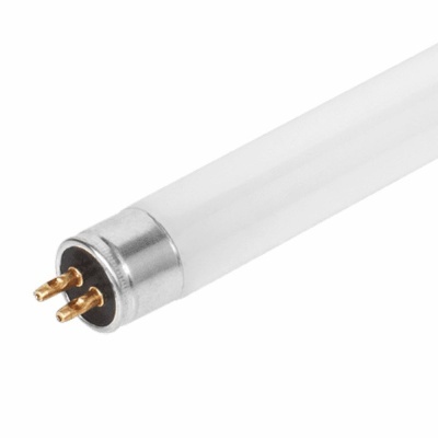 Lâmpada fluorescente tubular branca com terminais metálicos e dois pinos dourados