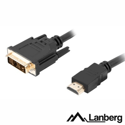 Cabo preto com conector HDMI e DVI Lanberg em fundo branco