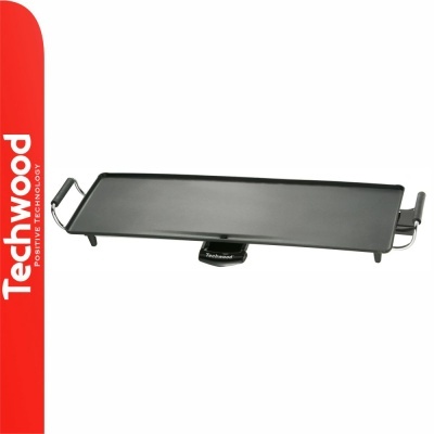 Chapa grelhadora elétrica preta com pegas laterais metalizadas e base central com marca Techwood
