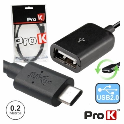 Cabo adaptador USB Pro K preto com conector USB Tipo C e USB fêmea, 0.2 metros