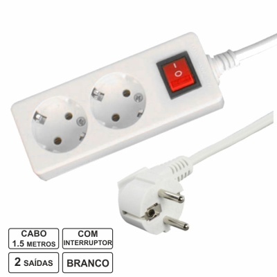 TOMADA ELÉTRICA C 2 SAÍDAS INTERRUPTOR 1.5M BRANCO BLISTER