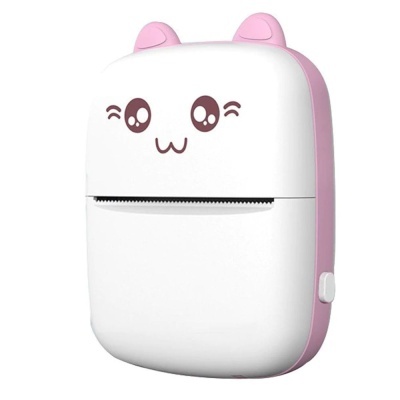Impressora portátil branca e rosa com design de rosto de gato