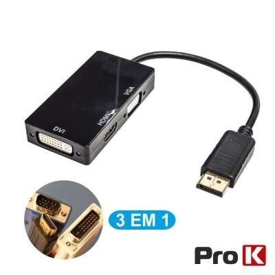 Adaptador HDMI com conectores DVI, VGA e HDMI, texto '3 EM 1' e logótipo Pro K