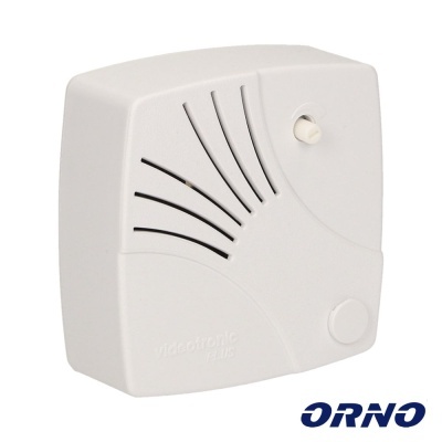 Sensor ou alarme branco com ranhuras e botão, texto 'megatronic MATS' e logo ORNO