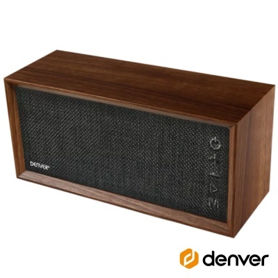 Coluna de som Denver em madeira e tecido preto com botões de controlo e logótipo Denver.