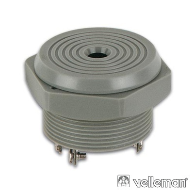 Produto electrónico cilíndrico cinzento com ranhuras concêntricas e parafusos metálicos