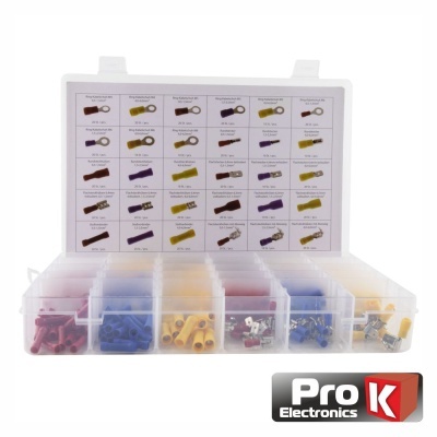 Conjunto de terminais isolados organizados em caixa plástica transparente, com etiquetas e logotipo Pro K Electronics