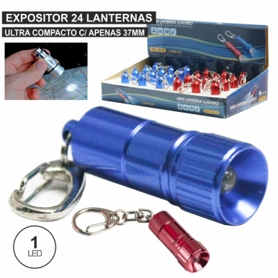 Mini lanterna chaveiro azul e vermelho em expositor com 24 unidades