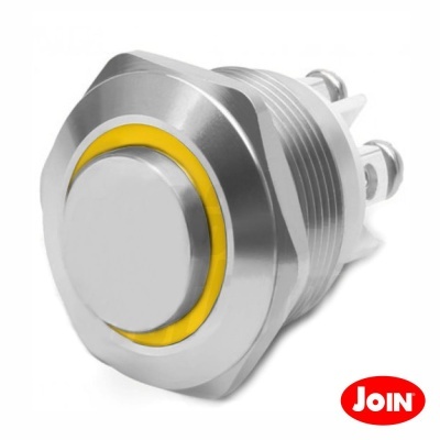 Botão metálico prateado com anel amarelo e logo JOIN vermelho