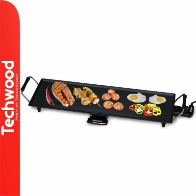 Grelhador elétrico preto Techwood com alimentos variados a cozinhar.