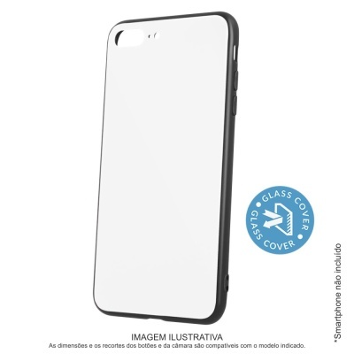 Capa de telemóvel branca com bordas pretas e vidro traseiro.