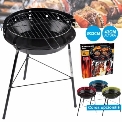 Barbecue grill metálico preto com grelha e tripé, embalagem e opções de cores