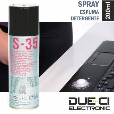 Lata de spray detergente espuma S-35 ao lado de teclado preto com espuma