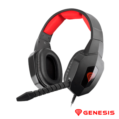 Auscultadores gaming pretos com interior vermelho e microfone