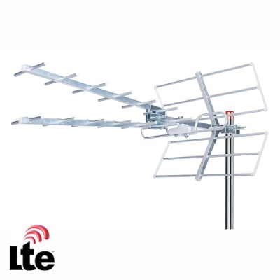 Antena TV exterior metálica com suporte e símbolo LTE em fundo branco