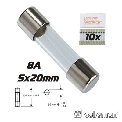 FUSÍVEL 5X20 FUSÃO RÁPIDA 8A (10X) VELLEMAN