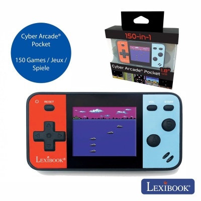 Consola de jogos portátil Lexibook Cyber Arcade Pocket com botões laranja e azul e ecrã a mostrar jogo.