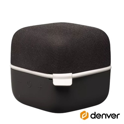 Coluna portátil preta quadrada com textura em tecido e botões de controlo.