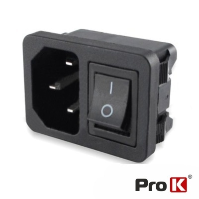 Tomada elétrica preta com interruptor e logótipo Pro K