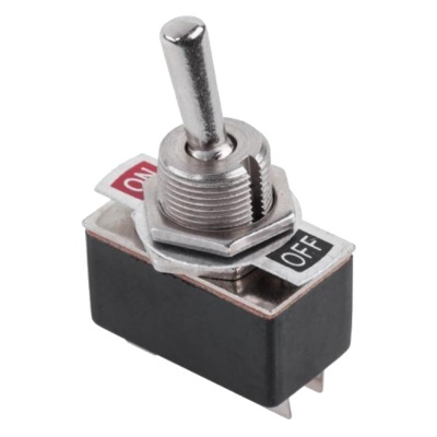 Interruptor de alavanca elétrico preto e metálico com etiquetas ON e OFF