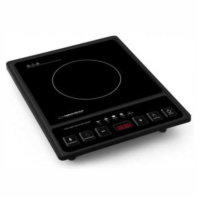 Placa de indução preta com visor LED e botões de controlo