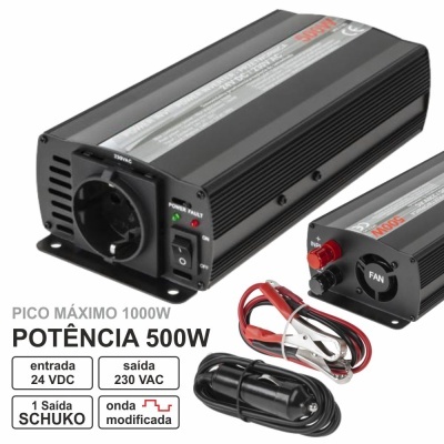 Inversor de corrente preta com tomada Schuko, cabos vermelhos e pretos, superfície metálica com ranhuras