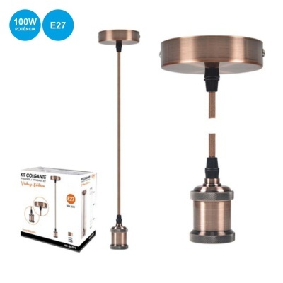 Kit de iluminação pendente metálico cor cobre escovado com tomada E27 e embalagem