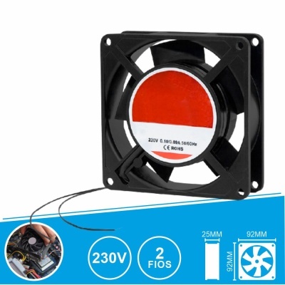 Ventoinha quadrada preta com centro vermelho etiquetado e fios