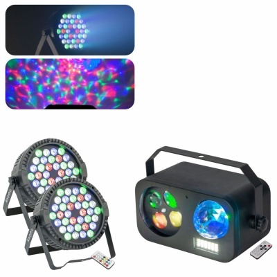 Dois refletores LED redondos e uma luz retangular preta com LEDs coloridas e controles remotos.