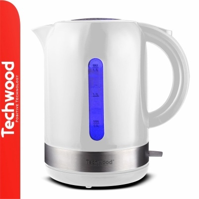 Chaleira elétrica branca com visor azul e detalhes metálicos