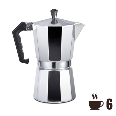 Cafeteira italiana em metal prateado com pega preta