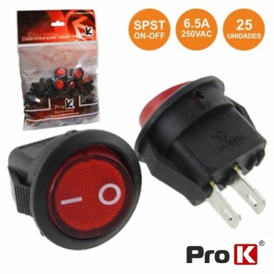 Interruptores circulares on-off vermelhos e pretos da marca ProK em embalagem de 25 unidades