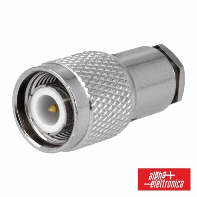 Conector coaxial metálico prateado com logo alpha elettronica