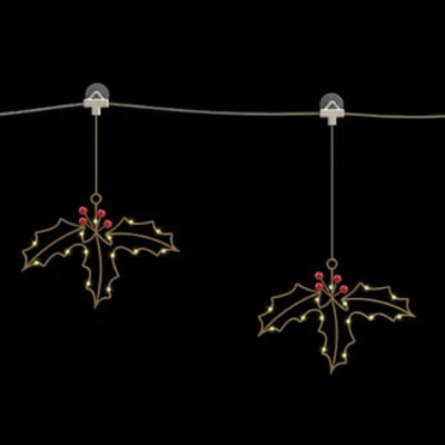 Decorações luminosas em forma de folhas de azevinho com bagas vermelhas penduradas