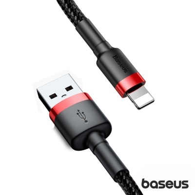 Cabo USB-A para Lightning preto com detalhes vermelhos e marca Baseus