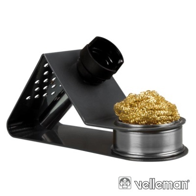 Suporte metálico preto com recipiente para solda e esponja dourada de limpeza