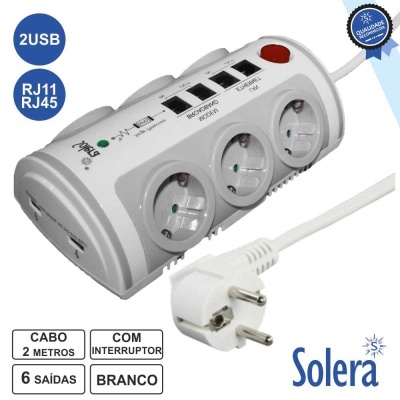 TOMADA ELÉTRICA C 6 SAÍDAS INTERRUPTOR RJ11452USB SOLERA