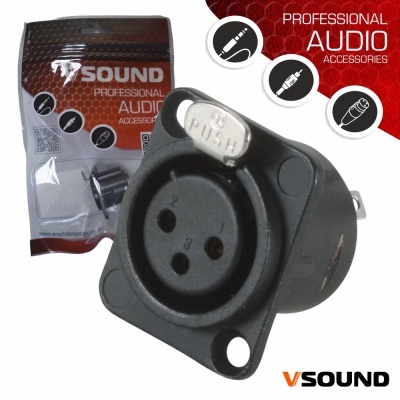 Ficha XLR 3p Fêmea de Painel Niquelada Preta VSOUND