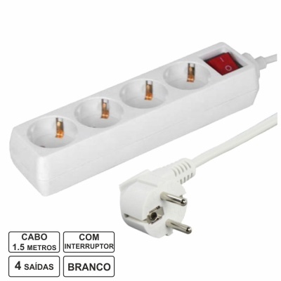 TOMADA ELÉTRICA C 4 SAÍDAS INTERRUPTOR 1.5M BRANCO