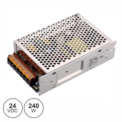 Fonte de alimentação metálica prateada com furos circulares e terminais de ligação laranja