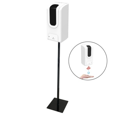 Dispenser automático de sabão ou desinfetante branco num suporte preto