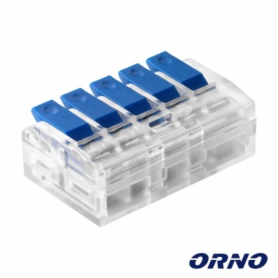 Conector elétrico transparente com alavancas azuis e marca ORNO