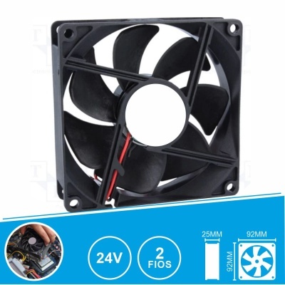 Ventoinha preta quadrada para computador com informação de voltagem 24V e dimensões 92x92x25mm